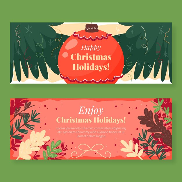 Conjunto de banners de navidad dibujados a mano planos felices fiestas