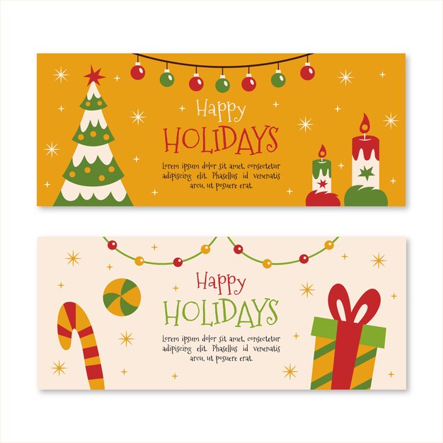 Conjunto de banners de navidad dibujados a mano planos felices fiestas