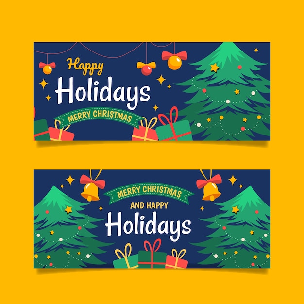 Vector gratuito conjunto de banners de navidad dibujados a mano planos felices fiestas