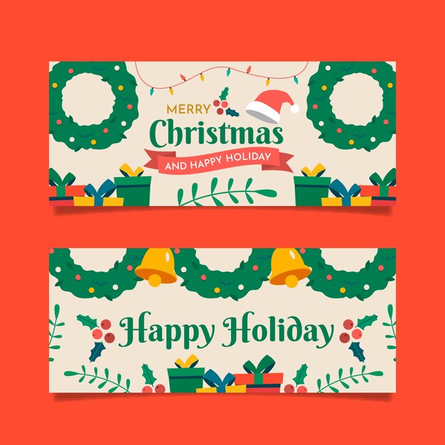Conjunto de banners de navidad dibujados a mano planos felices fiestas