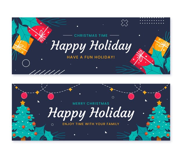 Conjunto de banners de navidad dibujados a mano planos felices fiestas
