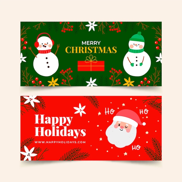 Conjunto de banners de navidad dibujados a mano planos felices fiestas