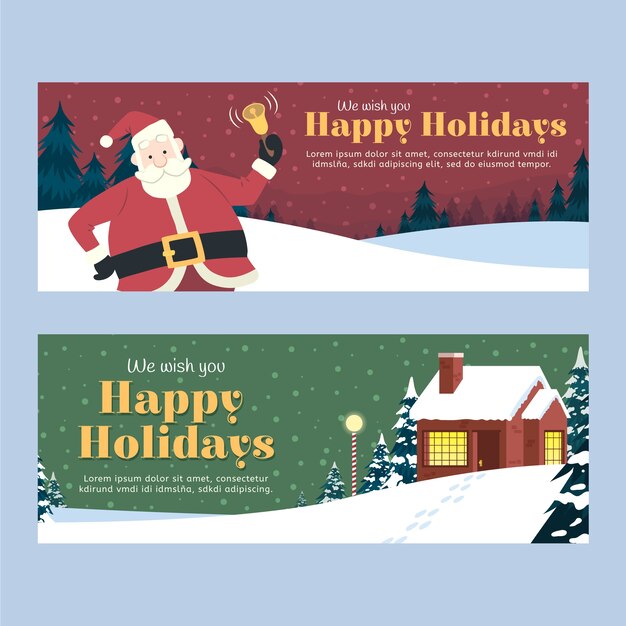 Conjunto de banners de navidad dibujados a mano planos felices fiestas