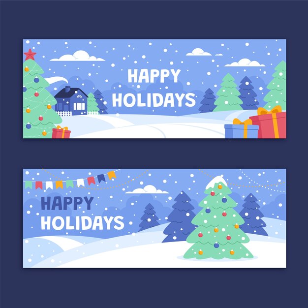 Conjunto de banners de navidad dibujados a mano planos felices fiestas