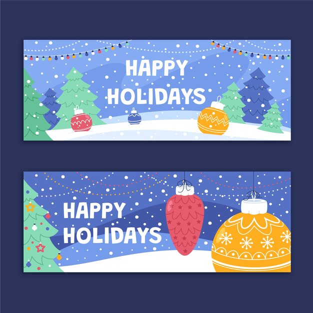 Conjunto de banners de navidad dibujados a mano planos felices fiestas