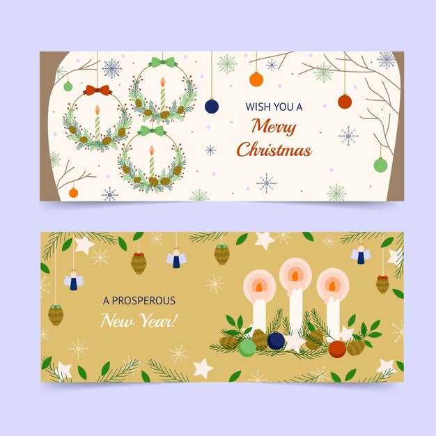 Conjunto de banners de navidad dibujados a mano planos felices fiestas