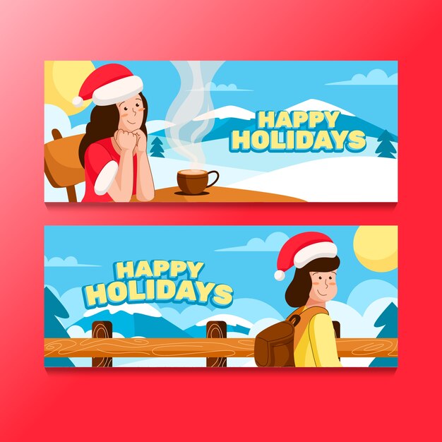 Conjunto de banners de navidad dibujados a mano planos felices fiestas