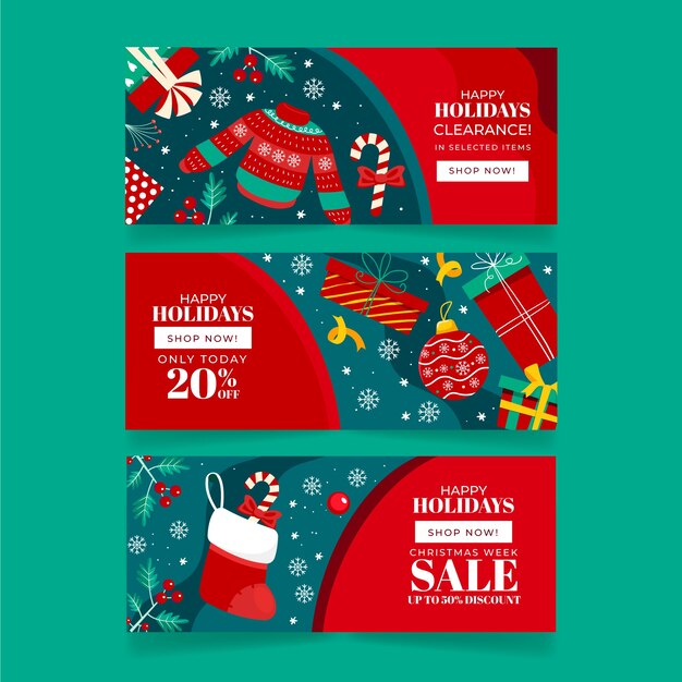 Conjunto de banners de navidad dibujados a mano planos felices fiestas