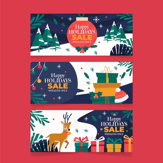 Conjunto de banners de navidad dibujados a mano planos felices fiestas