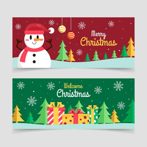Conjunto de banners de navidad planos horizontales