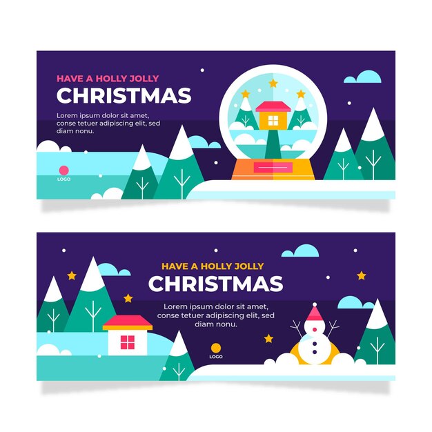 Conjunto de banners de navidad planos horizontales