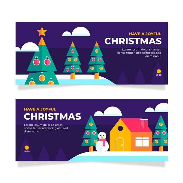 Conjunto de banners de navidad planos horizontales