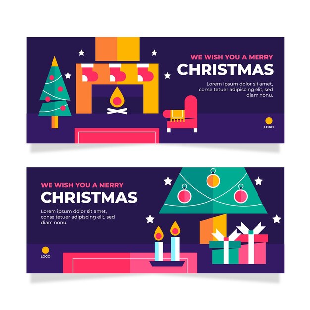 Conjunto de banners de navidad planos horizontales