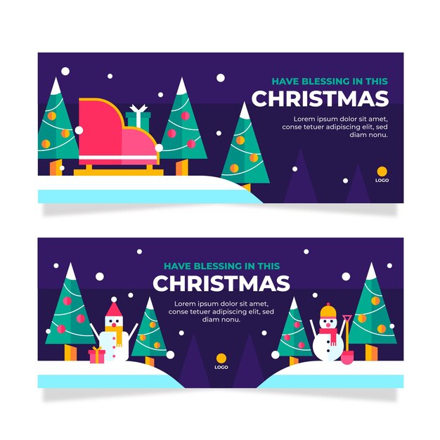 Conjunto de banners de navidad planos horizontales