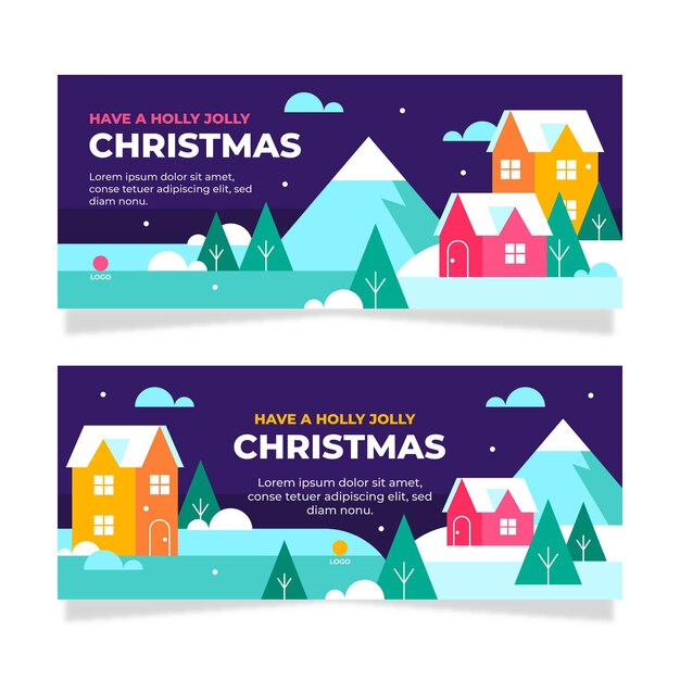 Conjunto de banners de navidad planos horizontales