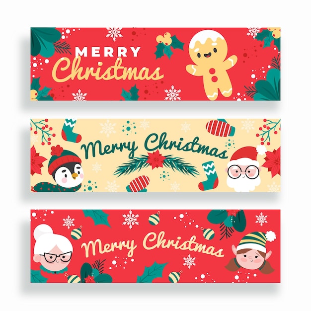 Conjunto de banners navideños dibujados a mano