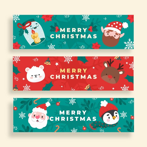 Conjunto de banners navideños dibujados a mano
