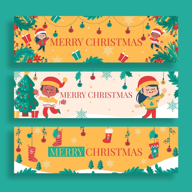Conjunto de banners navideños dibujados a mano