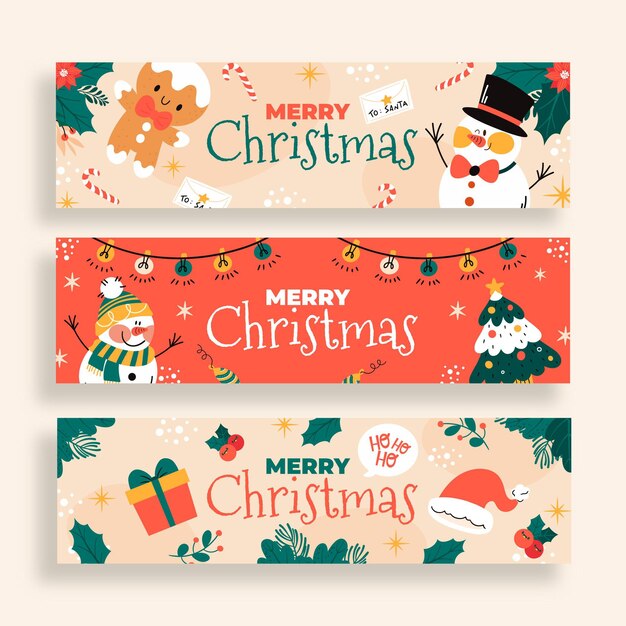 Conjunto de banners navideños dibujados a mano
