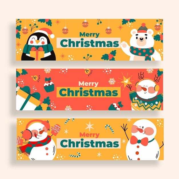 Conjunto de banners navideños dibujados a mano