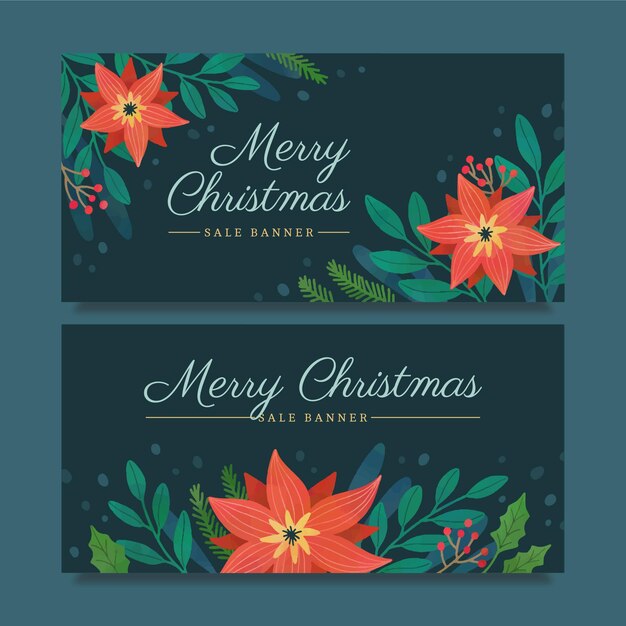 Conjunto de banners navideños horizontales dibujados a mano
