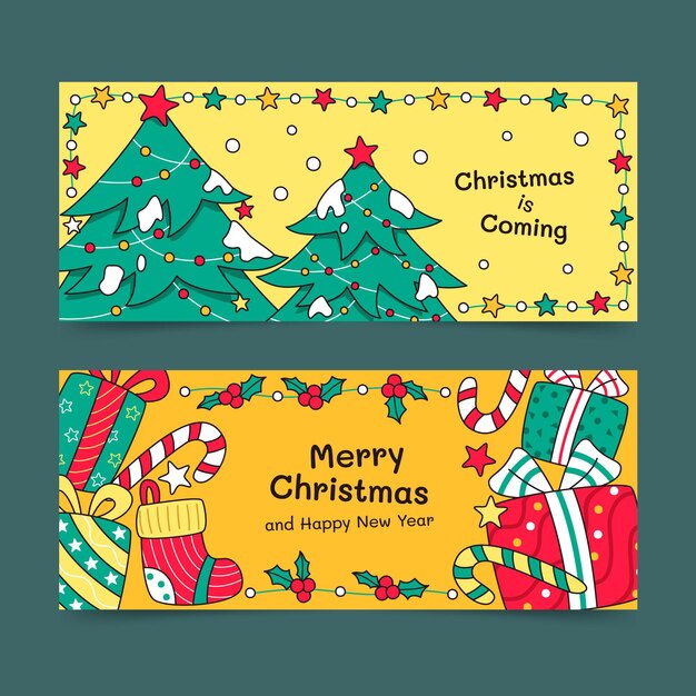 Conjunto de banners navideños horizontales dibujados a mano