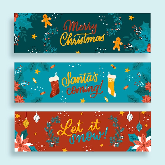 Vector gratuito conjunto de banners navideños horizontales dibujados a mano