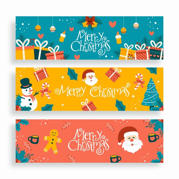 Conjunto de banners navideños horizontales dibujados a mano
