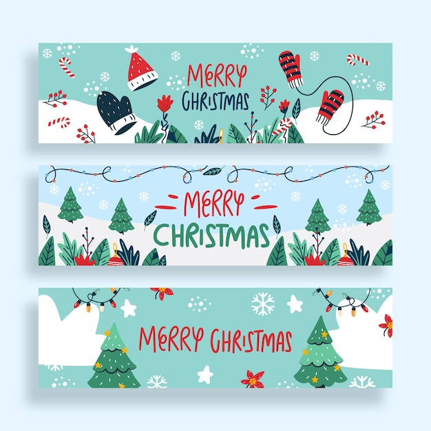 Vector gratuito conjunto de banners navideños horizontales dibujados a mano