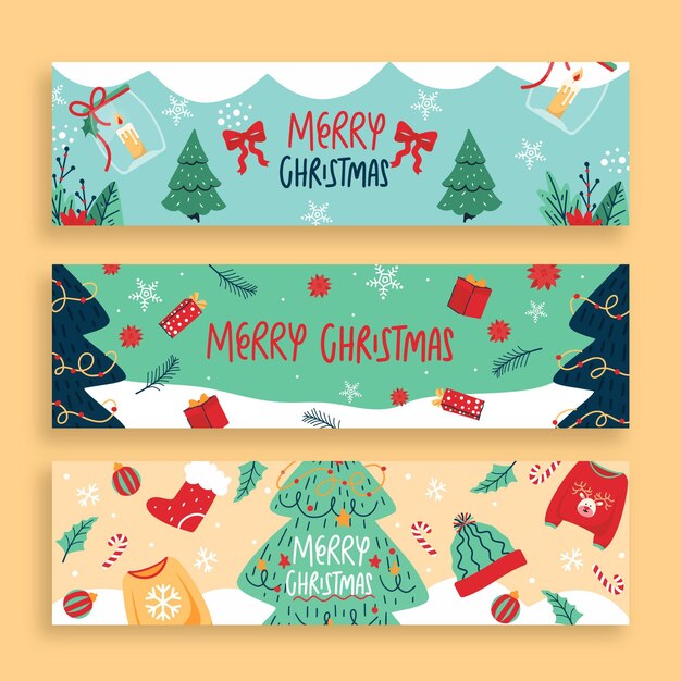 Conjunto de banners navideños horizontales dibujados a mano