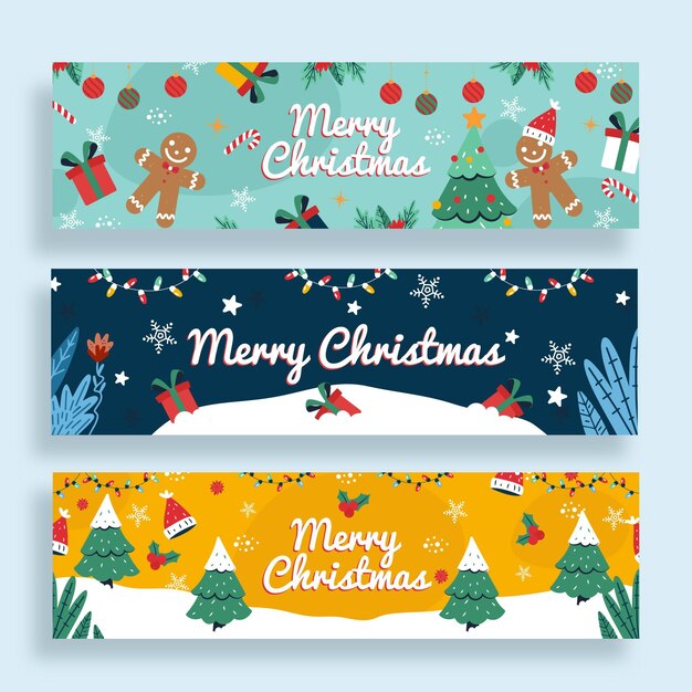 Conjunto de banners navideños horizontales dibujados a mano
