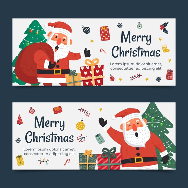 Conjunto de banners navideños horizontales planos dibujados a mano