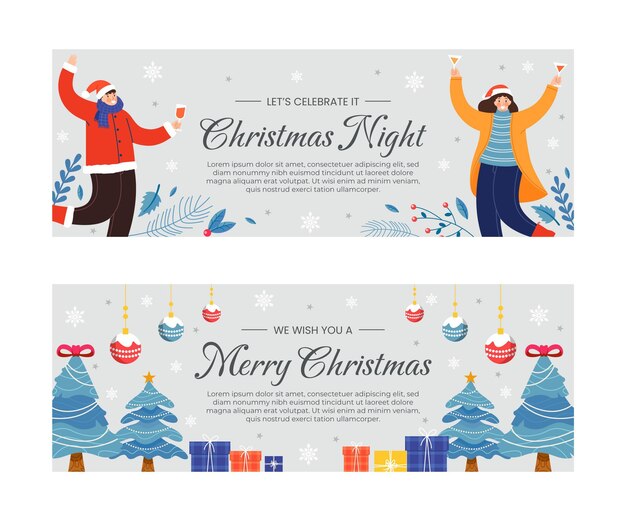 Conjunto de banners navideños horizontales planos dibujados a mano