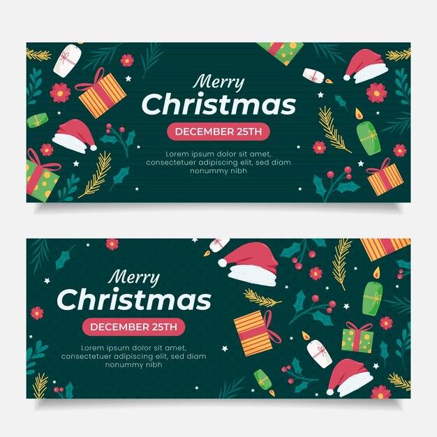 Conjunto de banners navideños horizontales planos dibujados a mano