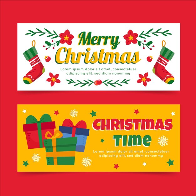 Conjunto de banners navideños horizontales planos dibujados a mano
