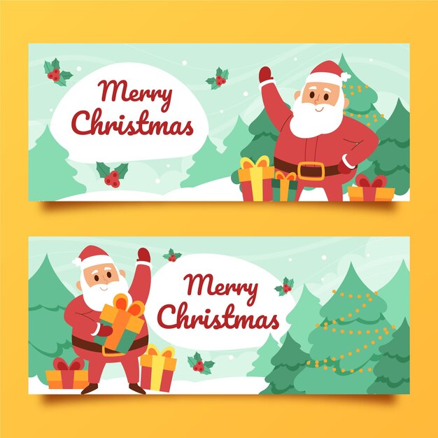 Conjunto de banners navideños horizontales planos dibujados a mano