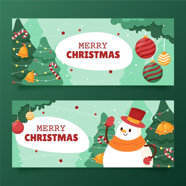 Conjunto de banners navideños horizontales planos dibujados a mano