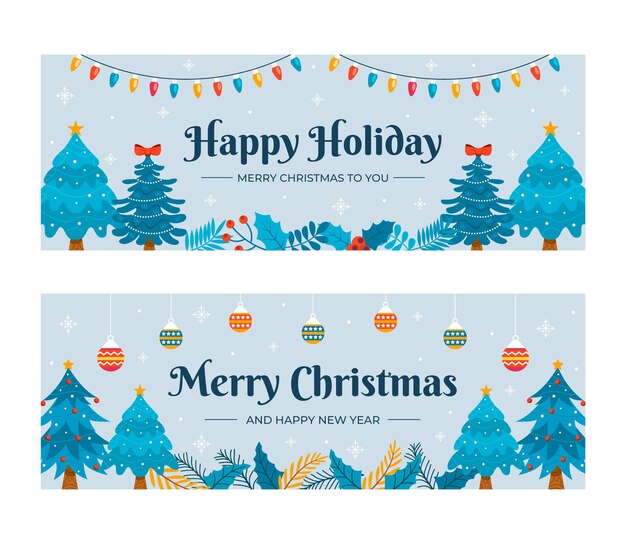 Conjunto de banners navideños horizontales planos dibujados a mano