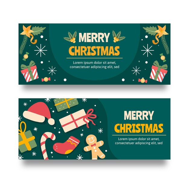 Conjunto de banners navideños horizontales planos dibujados a mano