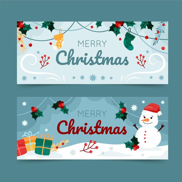 Conjunto de banners navideños horizontales planos dibujados a mano