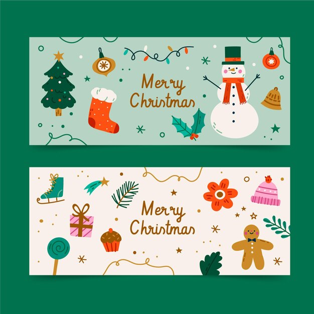 Conjunto de banners navideños horizontales planos dibujados a mano