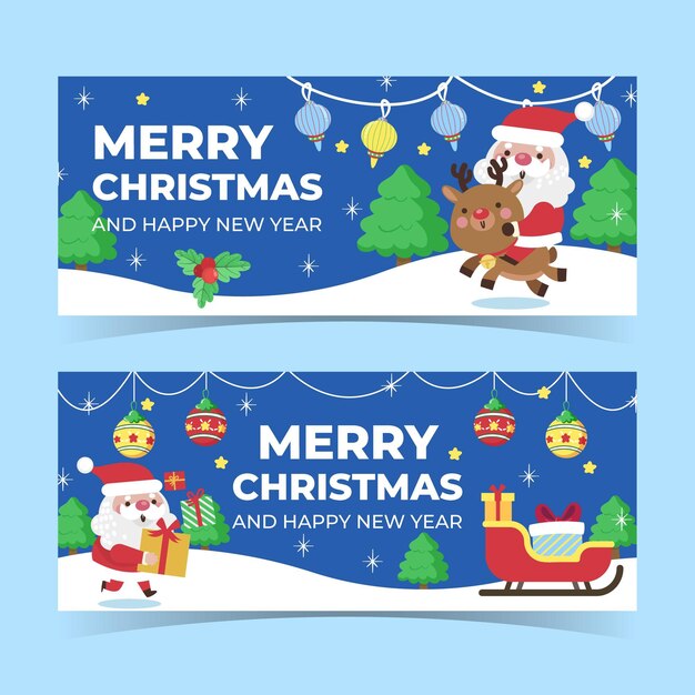 Conjunto de banners navideños horizontales planos dibujados a mano