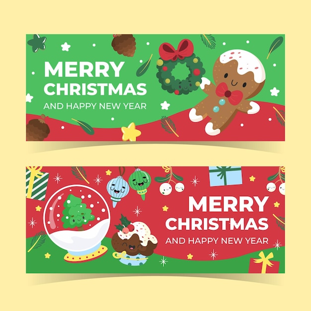 Conjunto de banners navideños horizontales planos dibujados a mano