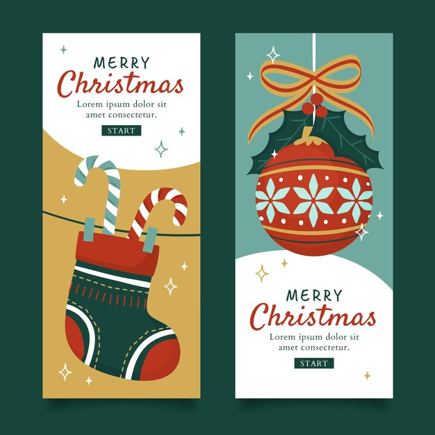 Conjunto de banners navideños planos dibujados a mano