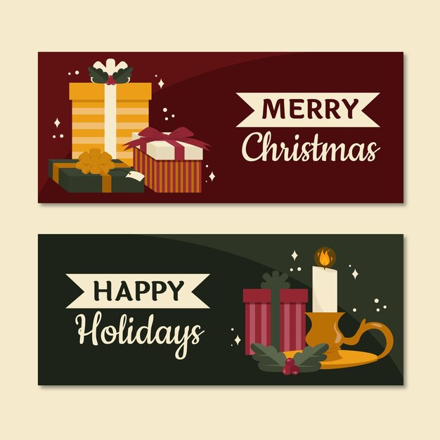 Conjunto de banners navideños planos dibujados a mano