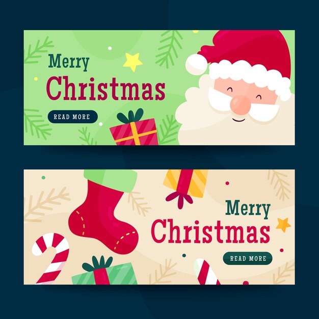 Conjunto de banners navideños planos dibujados a mano