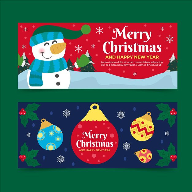 Conjunto de banners navideños planos dibujados a mano