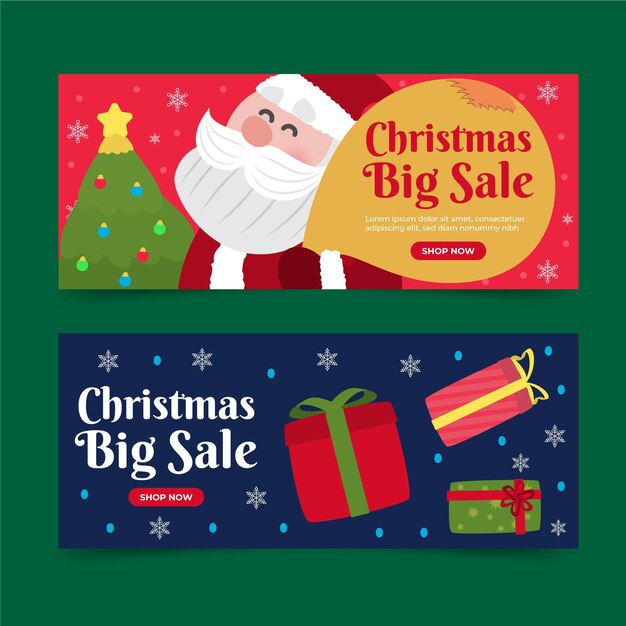 Conjunto de banners navideños planos dibujados a mano