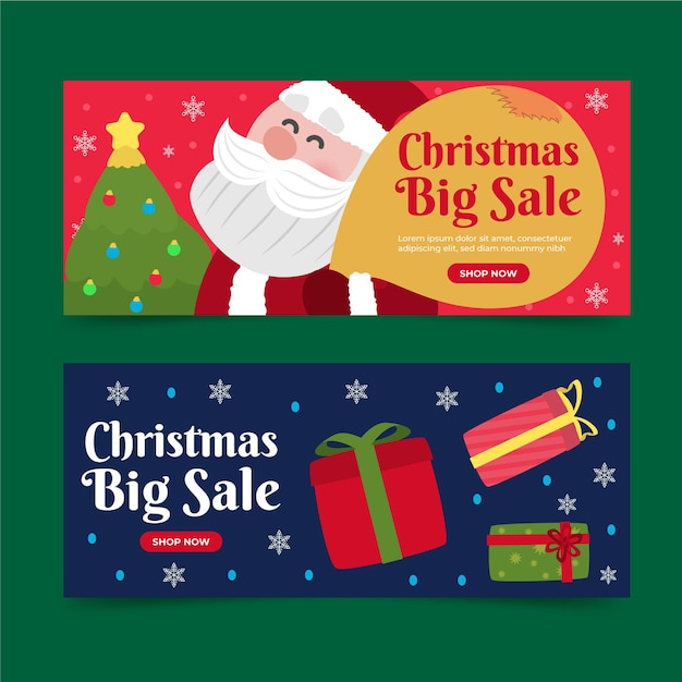 Conjunto de banners navideños planos dibujados a mano