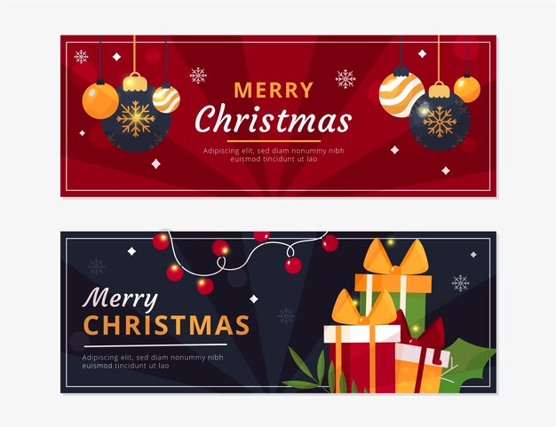 Conjunto de banners navideños planos dibujados a mano